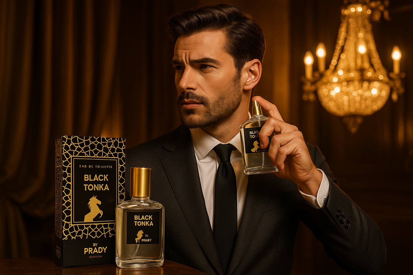 Commercial male model using Black Tonka perfume