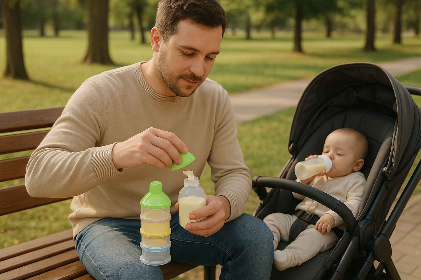 Papá usando MilkBox Pro en el parque