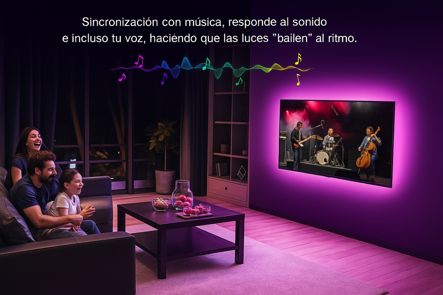 Imagen realista sincronización musical AURA LED en español