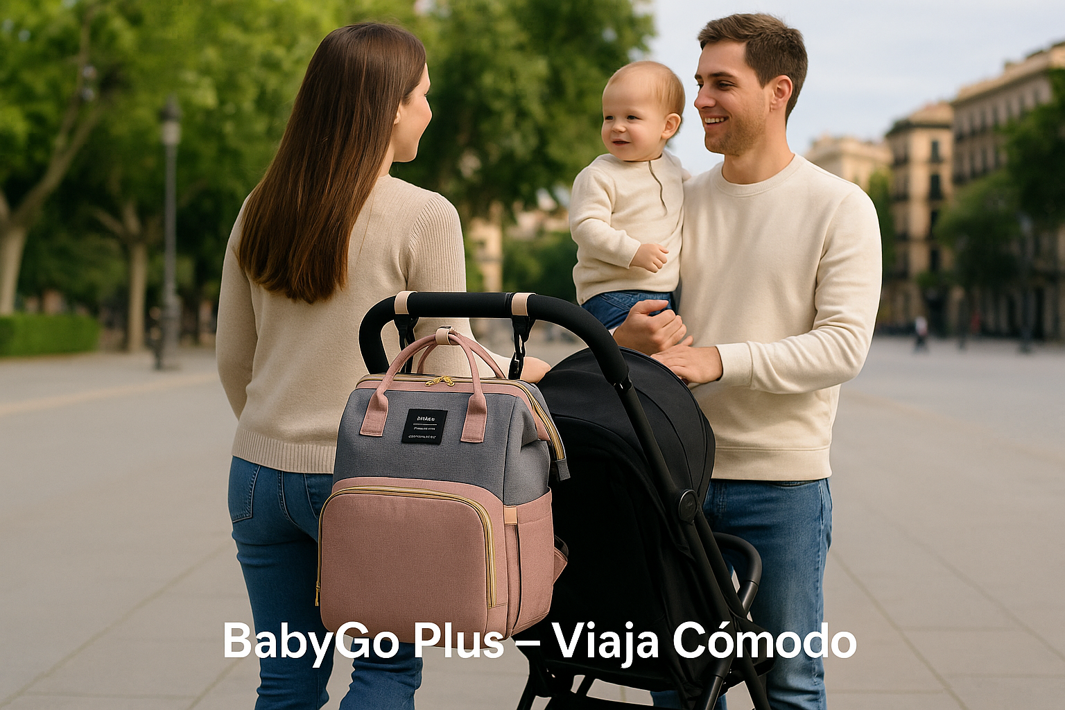 Mochila BabyGo Plus colgada en carrito de bebé