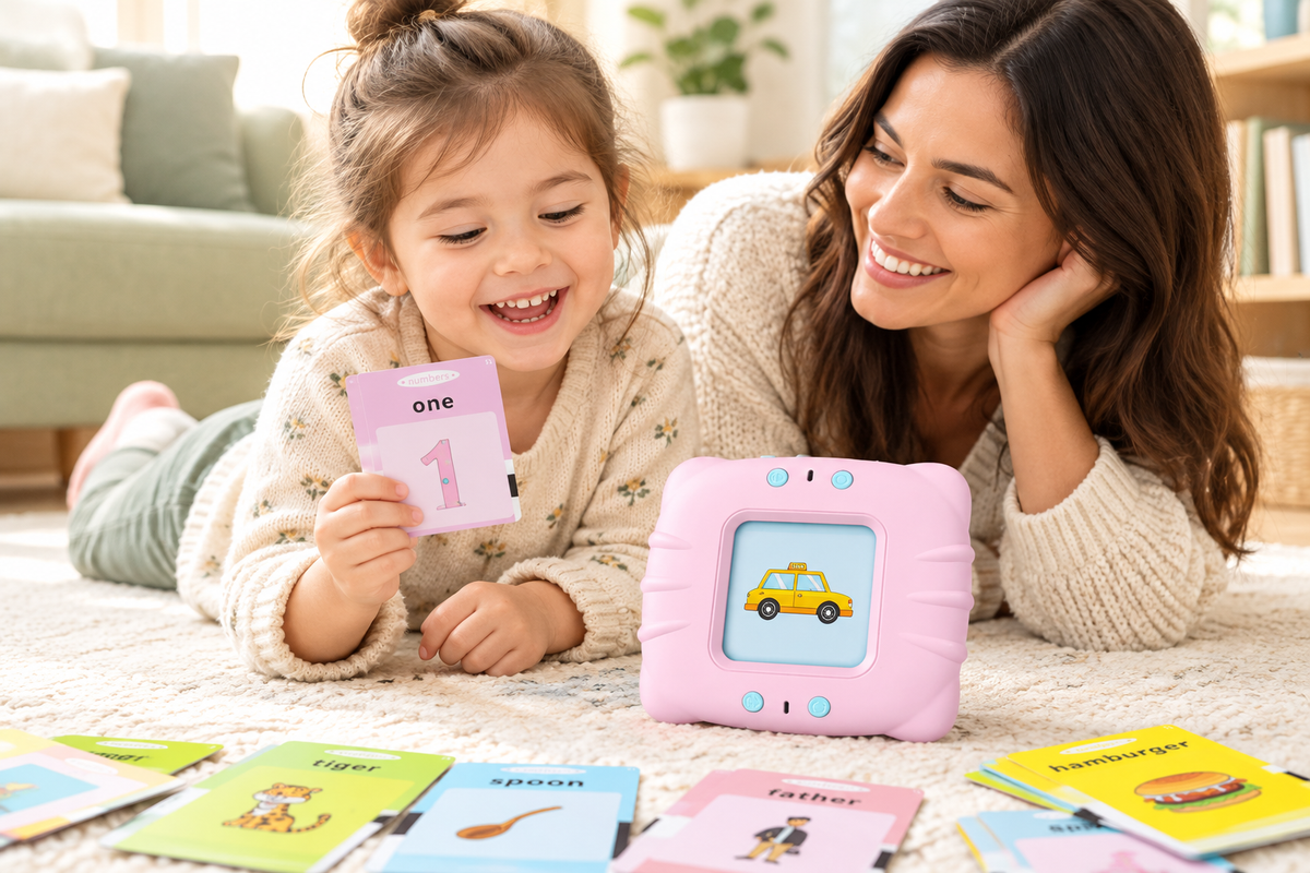 Niña sonriente elige una tarjeta educativa y juega con la máquina LearnPlay Pro junto a su madre
