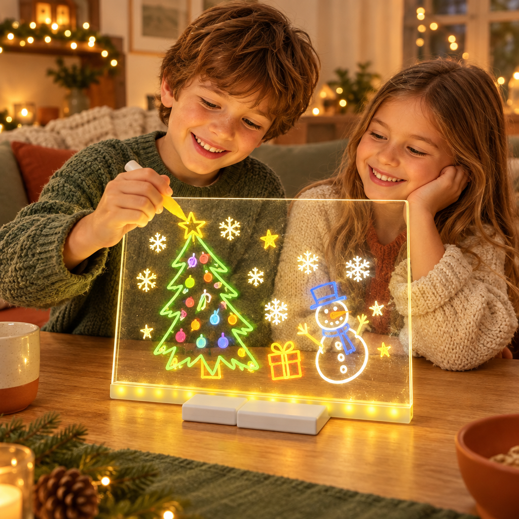 Niños contentos dibujando con la pizarra LED