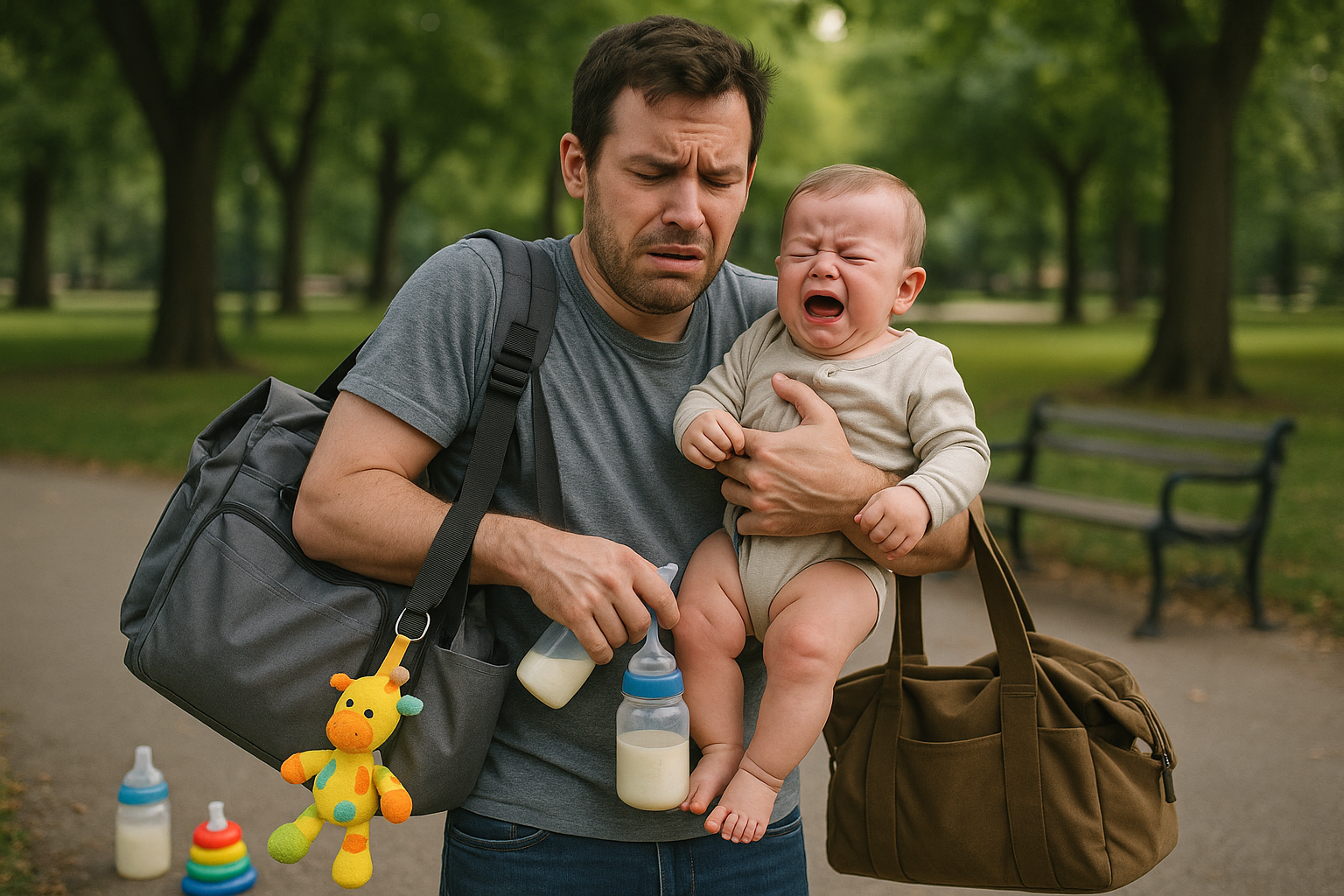 Padre estresado en parque con bebé y múltiples bolsos