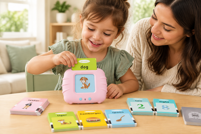 Peque explorando las tarjetas junto a un adulto